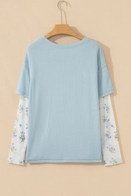 Beau Blue Floral Lace Sleeve Patchwork Waffle Fake Two-piece Top