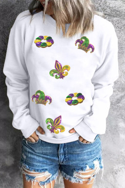 White Mardi Gras Sequin Crown Fleur De Lis Pullover Sweatshirt