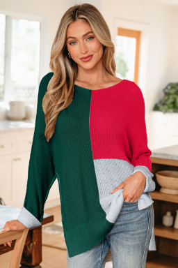 Evergreen Color Block Knit V Neck Loose Sweater