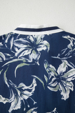 Blue Floral Print Short Puff Sleeve Striped Trim V Neck Blouse