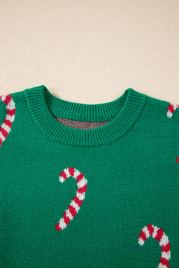 Dark Green Christmas Candy Cane Holiday Drop Shoulder Sweater