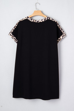 Black Plus Size Leopard Print Patchwork Shift T Shirt Dress with Pockets