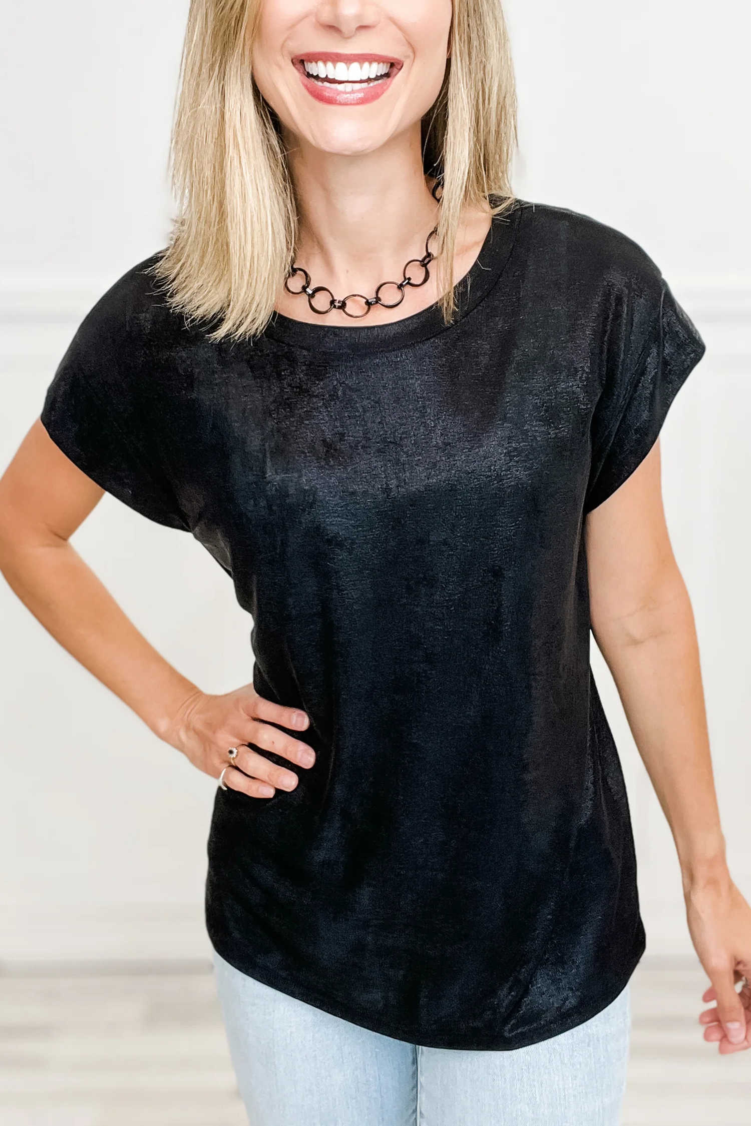Black Metallic Round Neck Cap Sleeve Tee