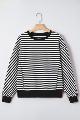Black Stripe Exposed Seam Drop Shoulder Casual Pullover Top