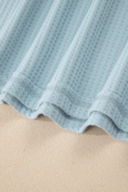 Beau Blue Floral Lace Sleeve Patchwork Waffle Fake Two-piece Top