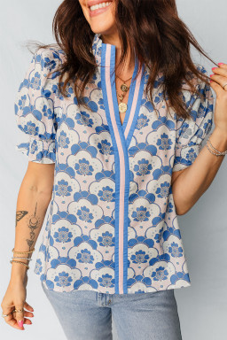 Sky Blue Floral Print Flounced Short Sleeve Contrast Trim V Neck Blouse
