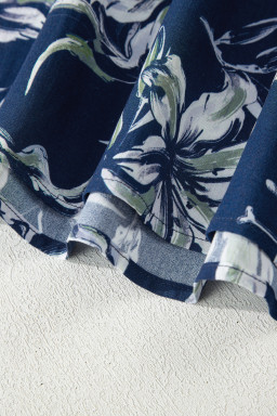 Blue Floral Print Short Puff Sleeve Striped Trim V Neck Blouse