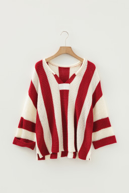 Red Stripe Colorblock V Neck Bracelet Sleeve Sweater