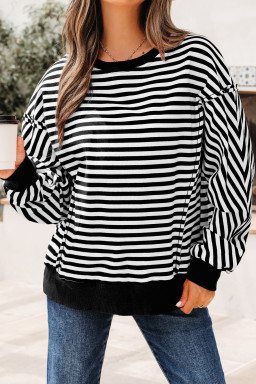 Black Stripe Exposed Seam Drop Shoulder Casual Pullover Top