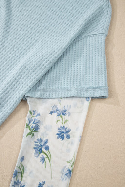 Beau Blue Floral Lace Sleeve Patchwork Waffle Fake Two-piece Top