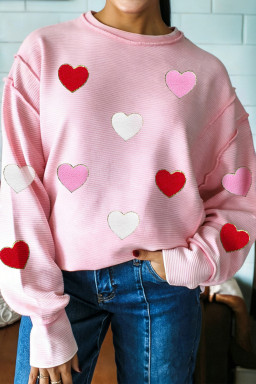 Pink Ribbed Texture Chenille Heart Glitter Trim Patched Long Sleeve Top