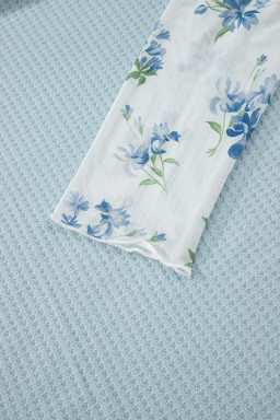 Beau Blue Floral Lace Sleeve Patchwork Waffle Fake Two-piece Top