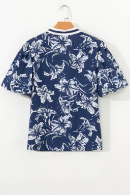 Blue Floral Print Short Puff Sleeve Striped Trim V Neck Blouse