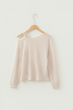 Jet Stream Solid Color Textured Knit Asymmetric Shoulder Long Sleeve Top