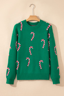 Dark Green Christmas Candy Cane Holiday Drop Shoulder Sweater