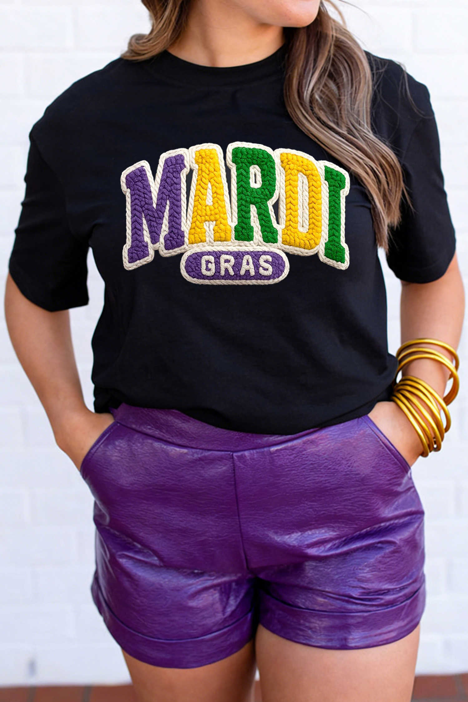 Black MARDI GRAS Faux Yarn Letter Graphic T Shirt
