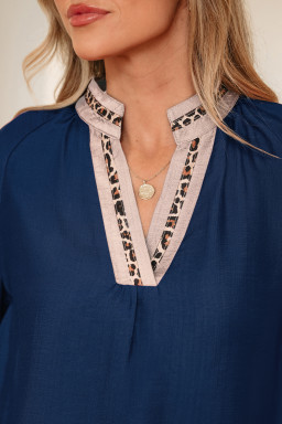 Dirty blue Leopard Trim V Neck Flounced Bracelet Sleeve Blouse