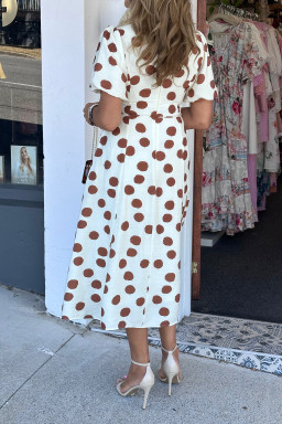 White Polka Dot Printed V Neck Short Sleeve Tie Waist Midi Dress