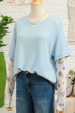 Beau Blue Floral Lace Sleeve Patchwork Waffle Fake Two-piece Top