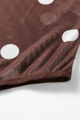 Brown Vintage Polka Dot Print Mesh Long Sleeve Bodysuit