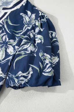 Blue Floral Print Short Puff Sleeve Striped Trim V Neck Blouse