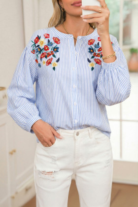 Sky Blue Stripe Floral Embroidered Billowy Sleeve Tunic Baggy Shirt