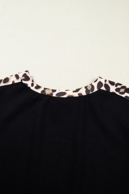 Black Plus Size Leopard Print Patchwork Shift T Shirt Dress with Pockets