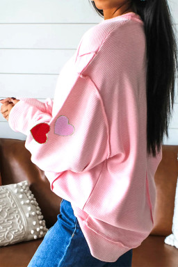 Pink Ribbed Texture Chenille Heart Glitter Trim Patched Long Sleeve Top