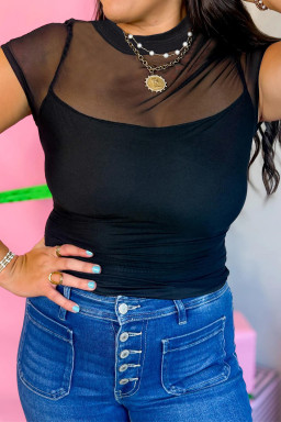 Black Sheer Mesh Patchwork Cap Sleeve T Shirt