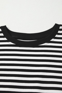 Black Stripe Exposed Seam Drop Shoulder Casual Pullover Top
