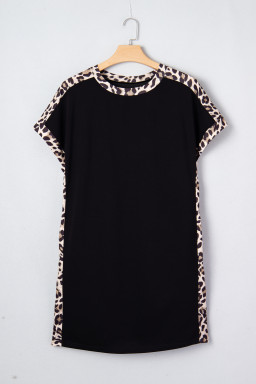 Black Plus Size Leopard Print Patchwork Shift T Shirt Dress with Pockets