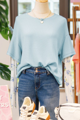 Beau Blue Floral Lace Sleeve Patchwork Waffle Fake Two-piece Top