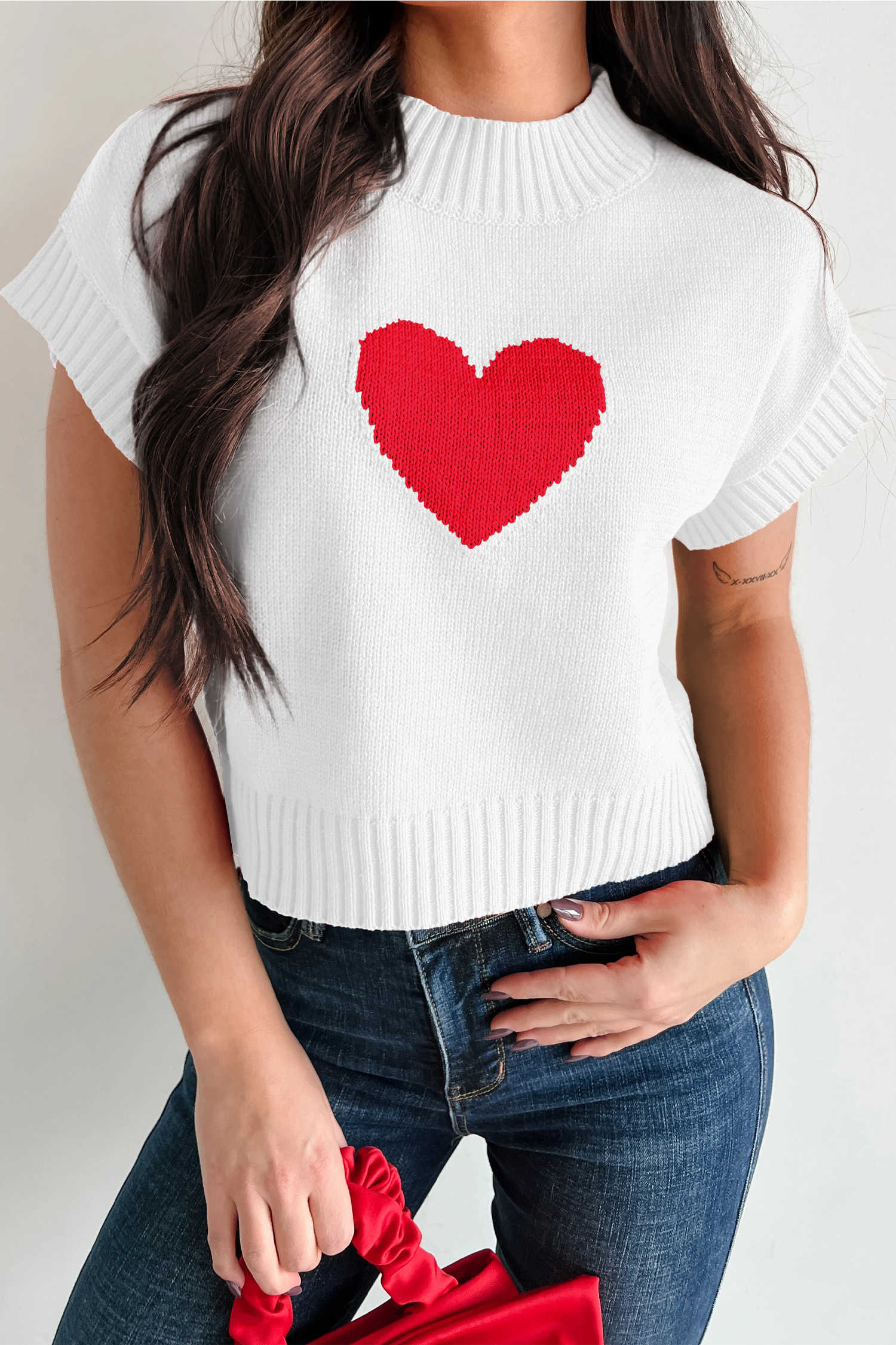 White Valentine Heart Graphic Cropped Short Sleeve Sweater