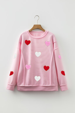 Pink Ribbed Texture Chenille Heart Glitter Trim Patched Long Sleeve Top