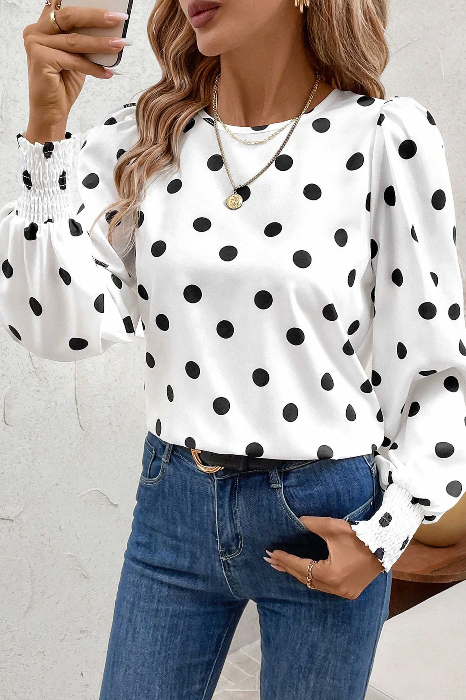 White Polka Dot Print Round Neck Frilled Long Sleeve Blouse