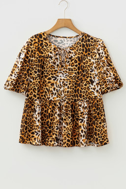 Leopard Print Short Puff Sleeve Slit Neck Babydoll Blouse