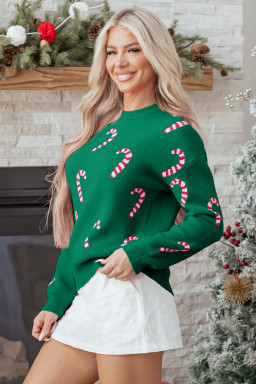 Dark Green Christmas Candy Cane Holiday Drop Shoulder Sweater