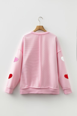 Pink Ribbed Texture Chenille Heart Glitter Trim Patched Long Sleeve Top
