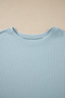 Beau Blue Floral Lace Sleeve Patchwork Waffle Fake Two-piece Top