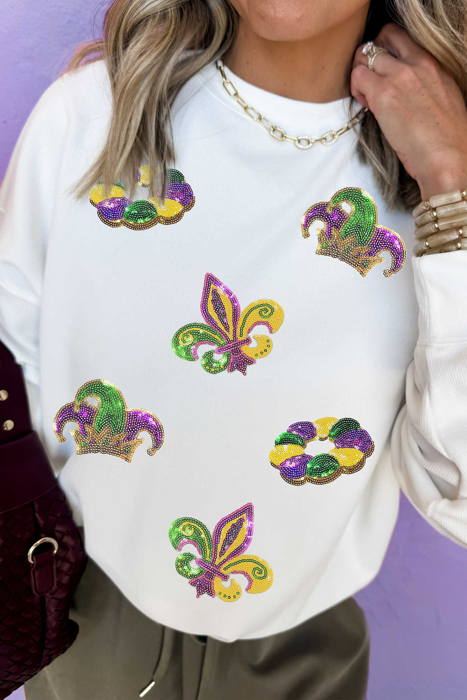 White Mardi Gras Sequin Crown Fleur De Lis Pullover Sweatshirt