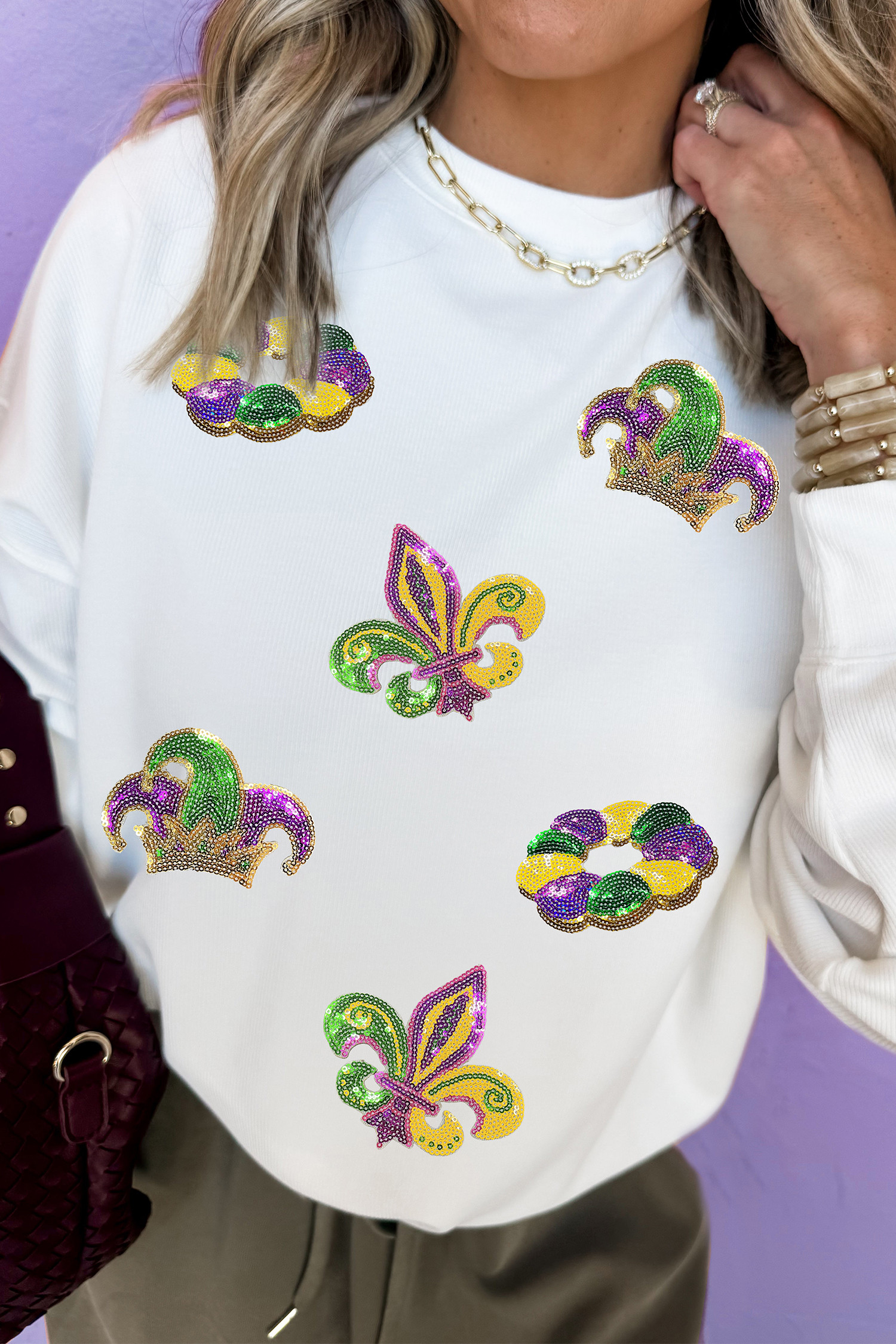 White Mardi Gras Sequin Crown Fleur De Lis Pullover Sweatshirt