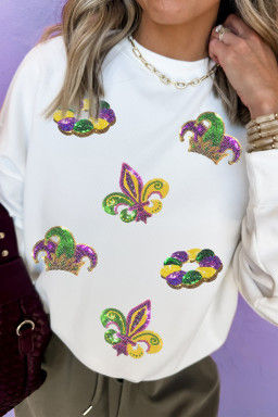 White Mardi Gras Sequin Crown Fleur De Lis Pullover Sweatshirt