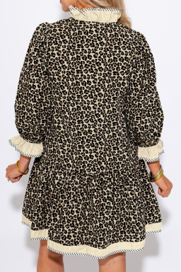 Black Leopard Print Striped Color Block Trim V Neck Bracelet Sleeve Mini Dress