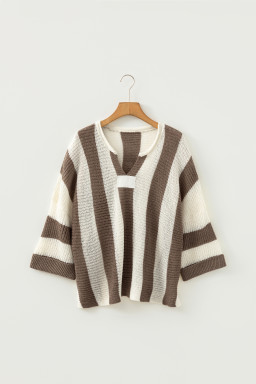 Brown Stripe Colorblock V Neck Bracelet Sleeve Sweater