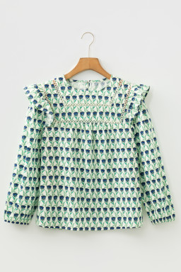 Green Floral Print Lace Detail Ruffle Trim Long Sleeve Blouse