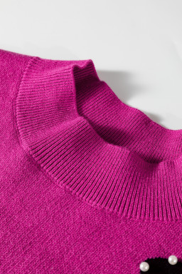 Bright Pink Pearl Embellished Bow Pattern Loose Sweater