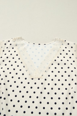 Apricot Plus Size Polka Dot Print Lace Trim V Neck Sleeveless Top