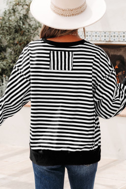 Black Stripe Exposed Seam Drop Shoulder Casual Pullover Top