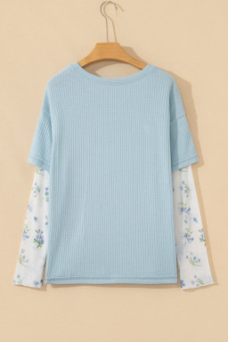 Beau Blue Floral Lace Sleeve Patchwork Waffle Fake Two-piece Top