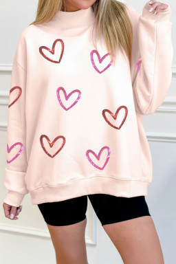 Apricot Pink Sequin Heart Sketch Patched Mock Neck Sweatshirt